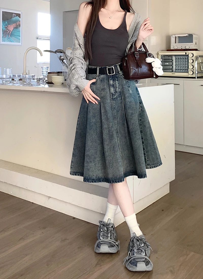 

S-XL A Line Denim Skirt 2024 Vintage High Waist Vintage Knee Length Jeans Skirts Women Pleated Jean Skirts Style(L60091