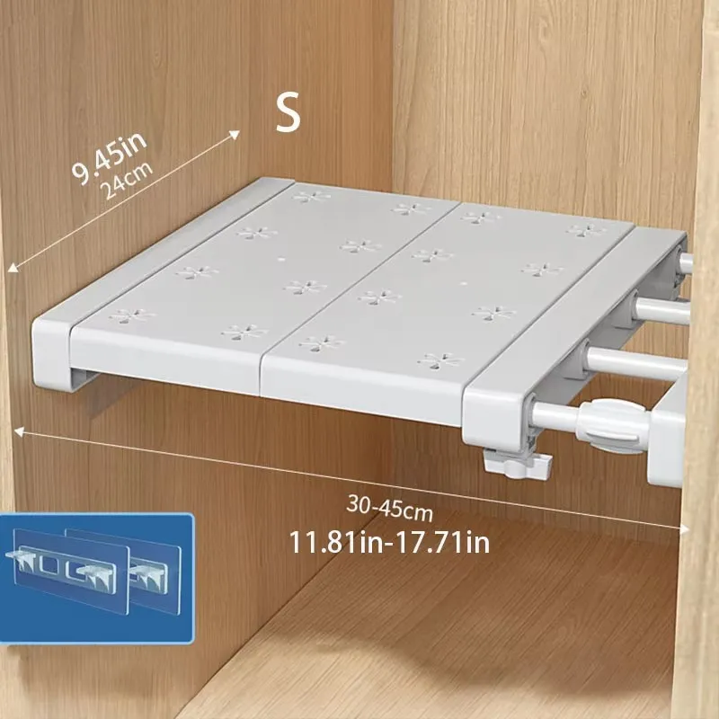 ​ ​ Organizador de prateleira de armário ajustável-estante de armazenamento telescópico de aço carbono para guarda-roupa/armário, instalação sem ferramentas