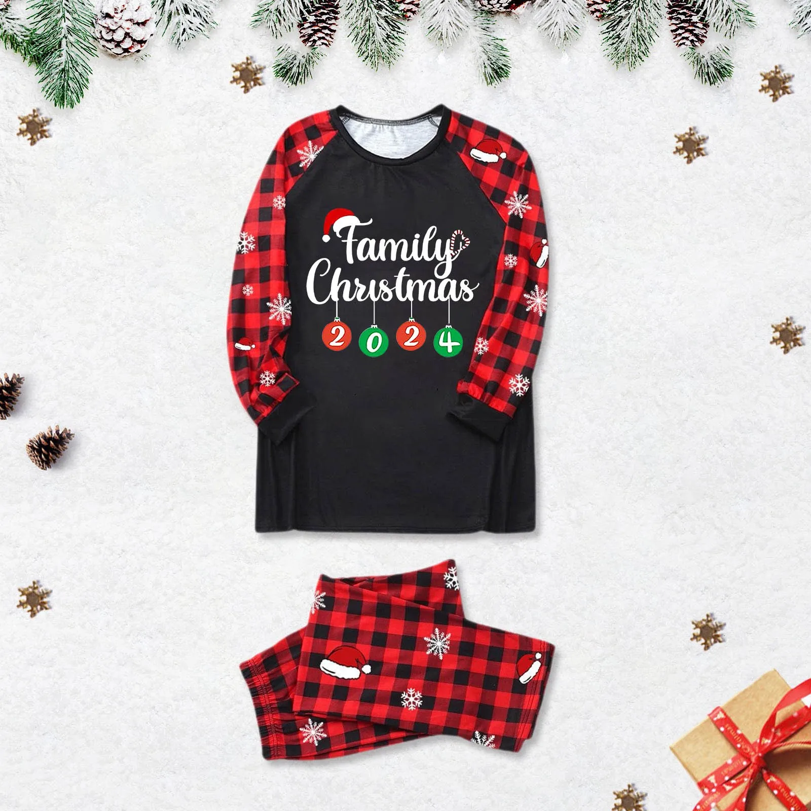 Pijamas familiares a juego para Navidad 2025, 2 piezas, camisetas de manga larga con estampado a cuadros, pantalones, ropa de Año Nuevo para Papá Noel, pijamas para papá