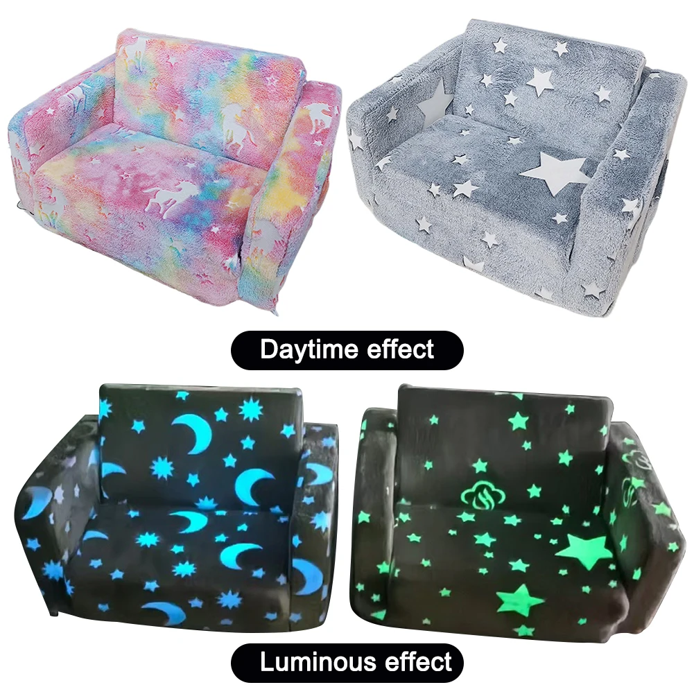 Toddler Kids Couch 2-in-1 Toddler Soft Couch Fold Out Toddler Chair Glow in Dark Convertible Plush Foam Chair for Girls and Boys 2