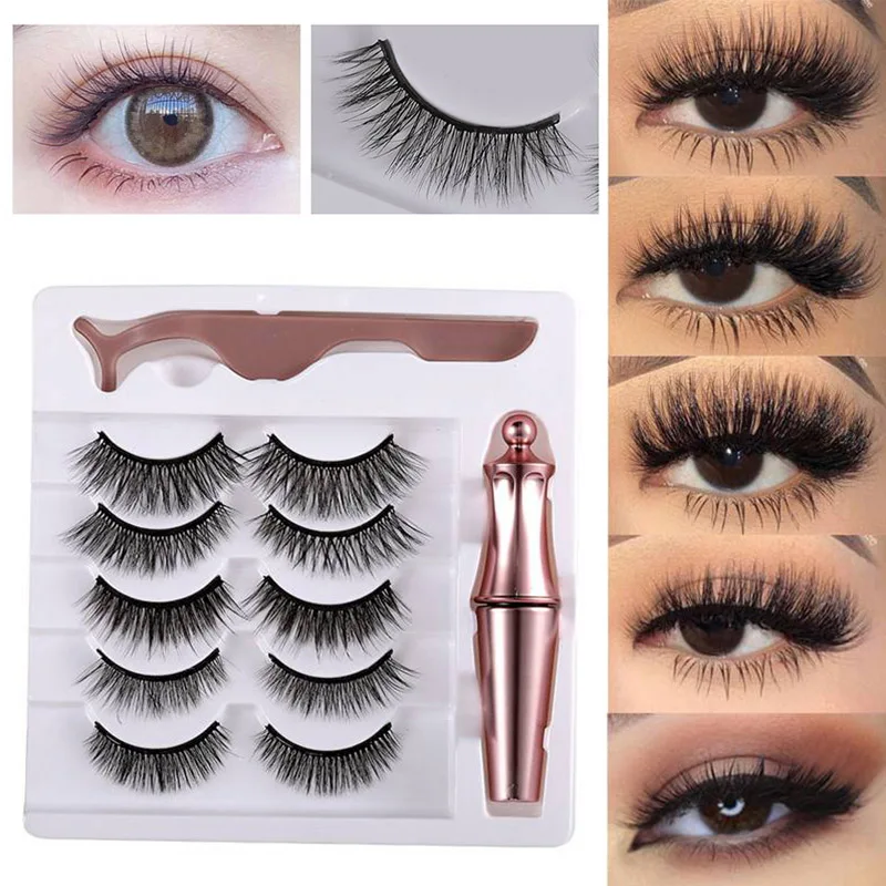 

False Eyelashes Beauty Tweezer 5 Pairs Long Lashes Waterproof Magnetic Eyeliner