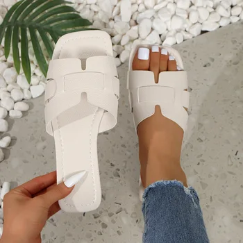 Women's Flat Sandals Summer Fashion Slip-On Slippers Square Toe Open-Toe Design, Suitable for Everyday Women Wear Flat Slippers