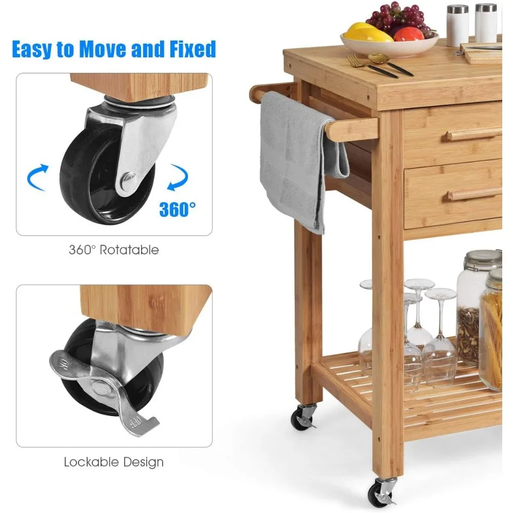 Kitchen Island, Bamboo Island Cart, Kitchen Trolley Cart on Wheels, Rolling Cart, 2 Drawers, Towel Rack, Casters