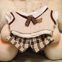 1 ensemble uniforme scolaire 20cm vêtements de poupée en coton short à carreaux tenue vêtements de poupée en coton gilet tricoté Mini vêtements de poupée en peluche 4