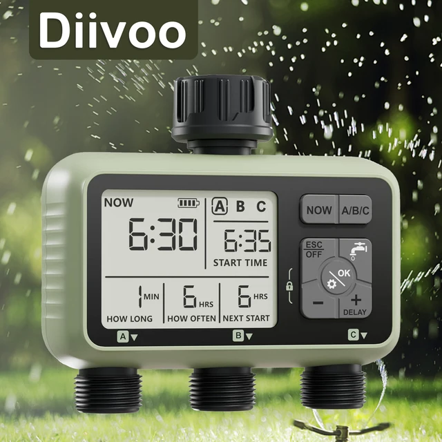Diivoo Garden Water Timer 3 Zone Programmable Automatic Irrigation Timer with Rain Delay Manual/Auto Mode Watering for Lawn Yard 1