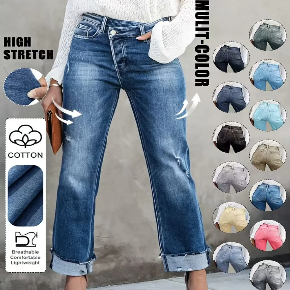 High Waist Stretch Denim Jeans for Women Solid Color Slim Straight Pants Pantalones de mujer 1