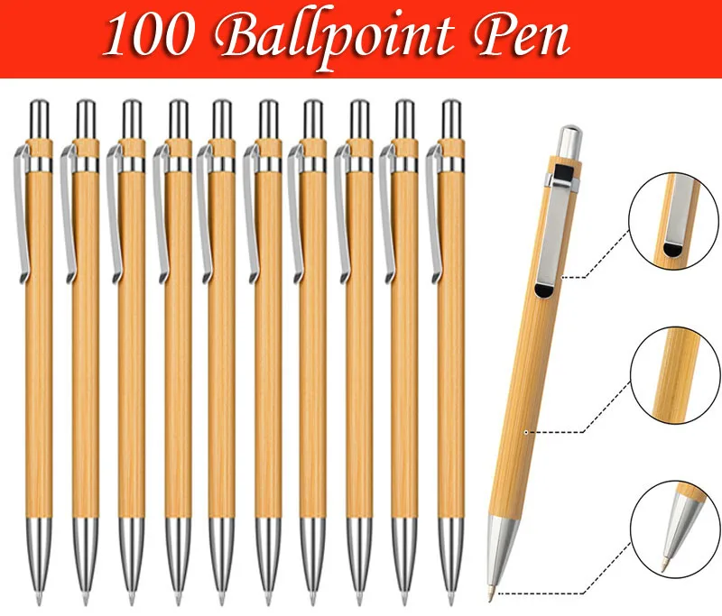 

100 Bamboo Pen Bamboo Wood Ballpoint Pen 1.0mm Bullet Tip Business Signature Ball Pen Office School Wrting Stationery