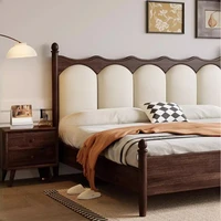 Lit double en bois massif avec dossier souple, table de chevet avec tiroirs, ensemble de meubles de chambre à coucher, ensemble complet 4