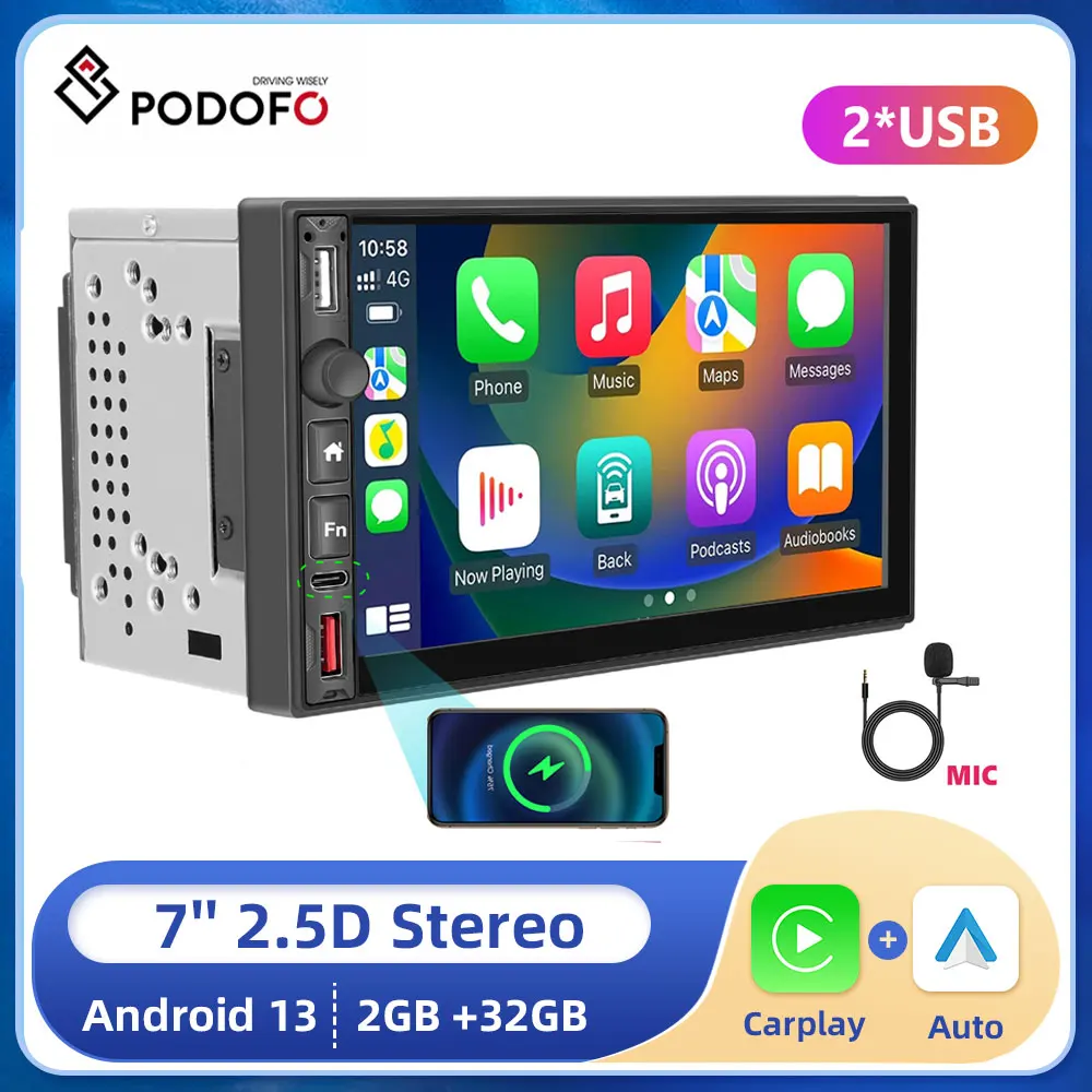 

Podofo 2din 7" Car Stereo Radio Android13 2+32G Carplay Android Auto Car Multimedia Player GPS Navigation WIFI USB/AUX