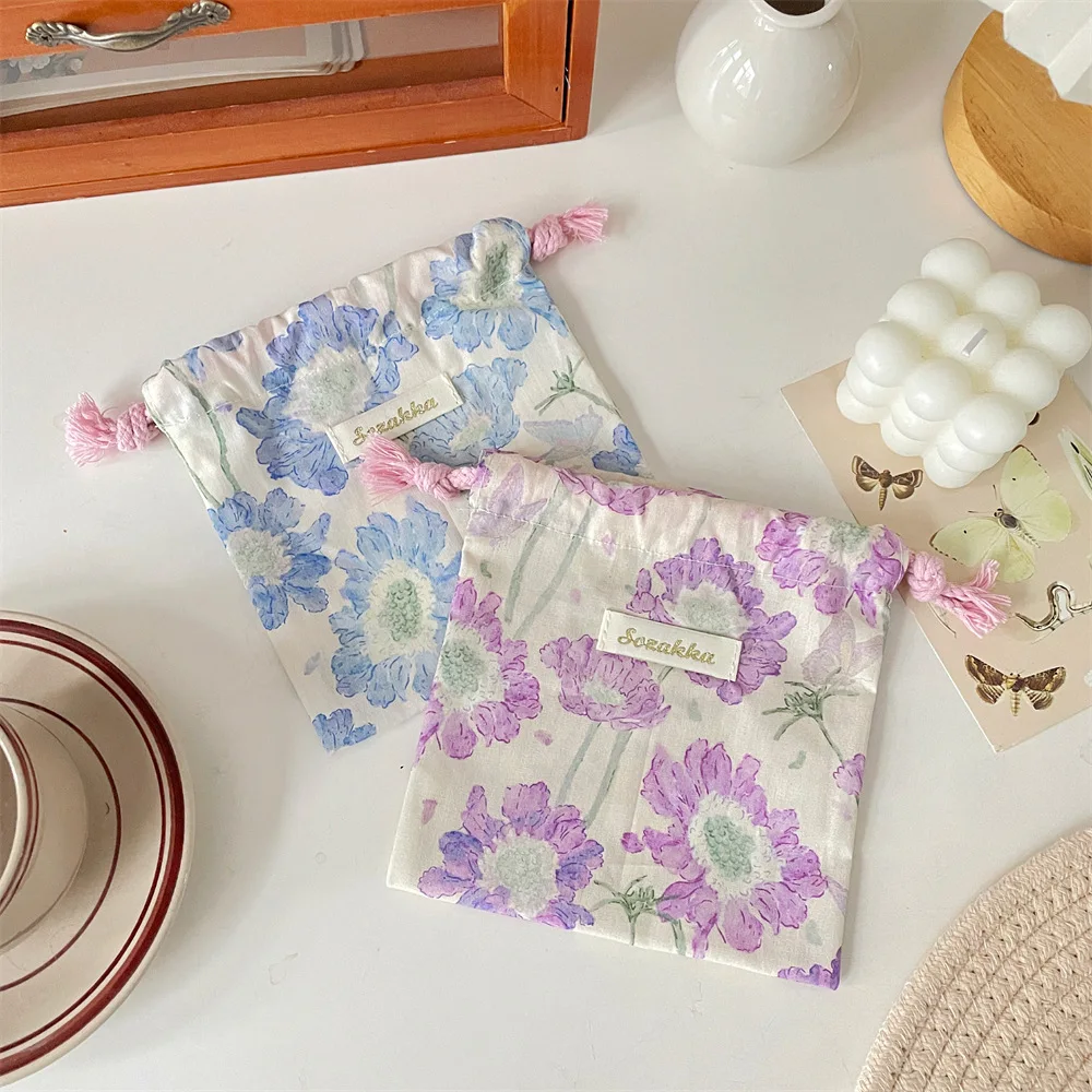 Floral Drawstring Bags Women Large Capacity Cosmetic Bag Makeup Pouch Large Capacity Coin Purse Jewelry Storage Box