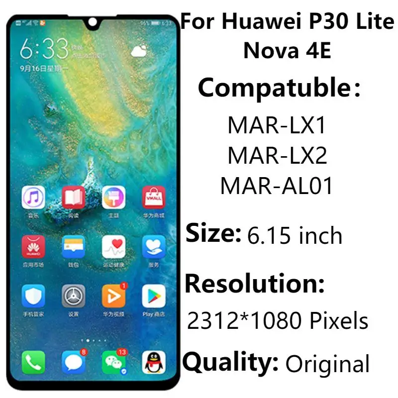 

6.15" Original For Huawei P30 Lite LCD Display With Frame Huawei Nova 4e MAR-LX1 LX2 AL01 LCD Touch Screen Digitizer Assembly