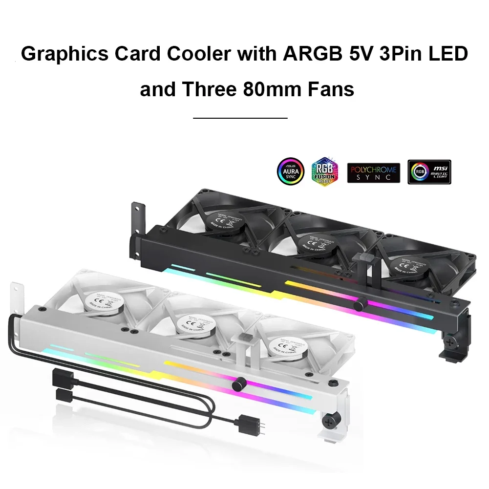 그래픽 카드 쿨러, ARGB RGB LED 그래픽 카드홀더, 3x80mm 팬, 2 in 1, 1800RPM, 5V, 3 핀, 1800RPM, 냉각 선풍기