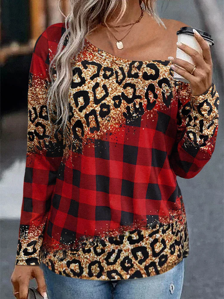 

2022 Novelty Women T-shirt Red Buffalo Plaid Leopard T Shirt Long Sleeve Top Color Block Casual T-Shirts Loose Christmas T Shirt