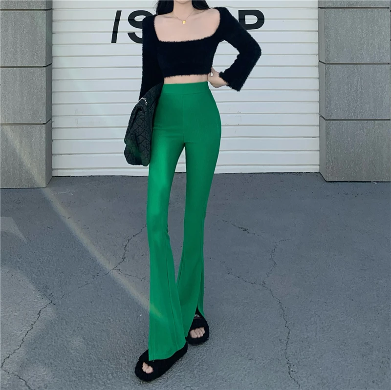 New Year Bell Bottom Stretch Leggings Women Green Chic Flare Pants Korea Fashion Boots Cut Streetwear Spring Office Trousers
