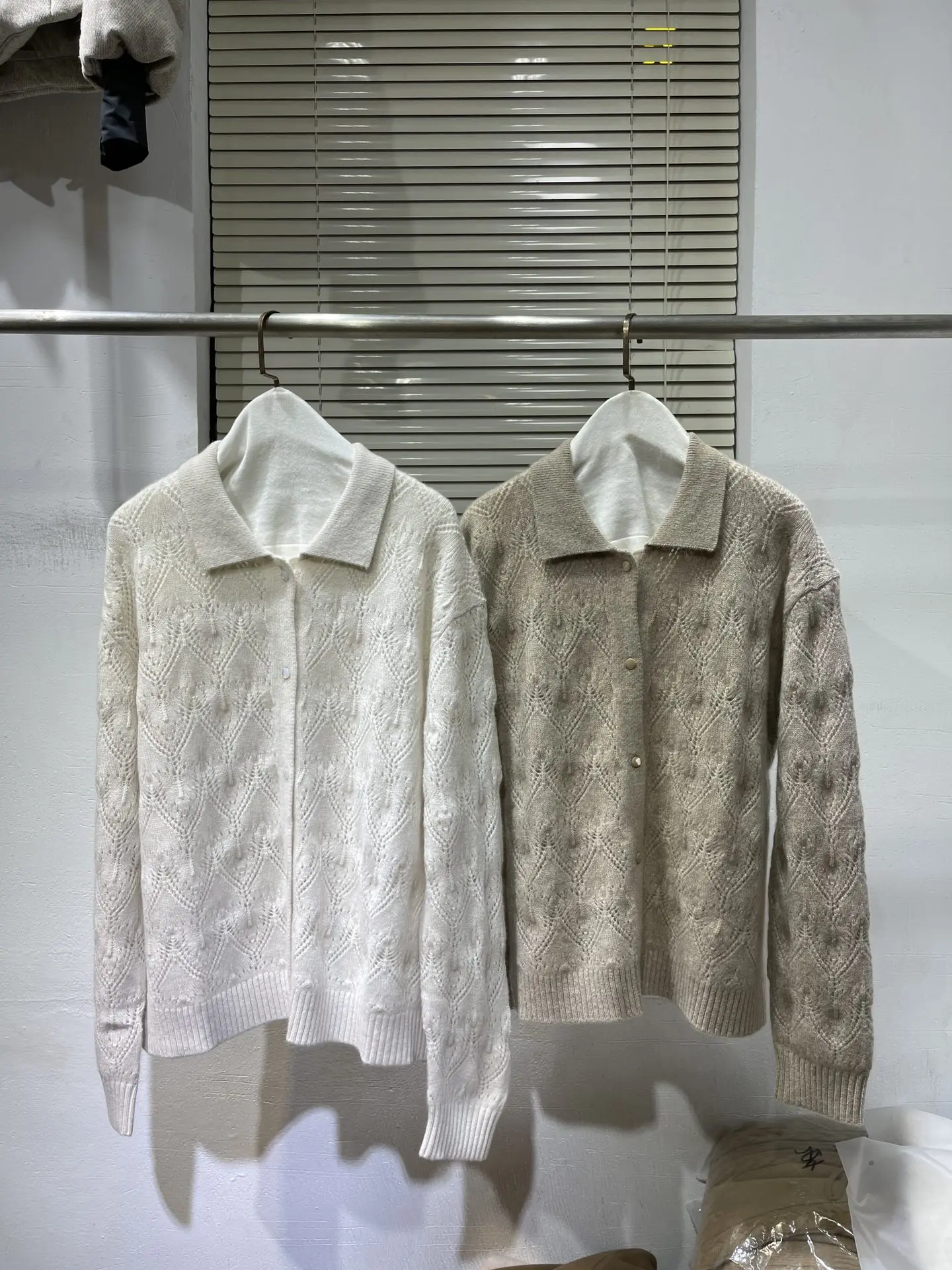 

Women's Pure Cashmere Sweater Polo Collar Hollow Crochet Loose Cardigan, Soft Waxy Knitted Shirt, Retro Clothing, Autumn, Winte