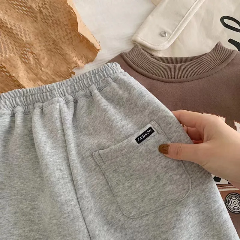5133 Children Plus Velvet Pants Autumn Winter Thick Trouser Solid Color Boys Casual Pants Sport School Baby