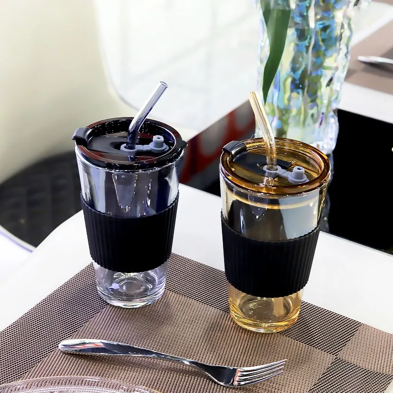 

Aurora glass colorful straw cup Coffee milk tea cold Cui cup Milk cup 450ML double drink cup with cover