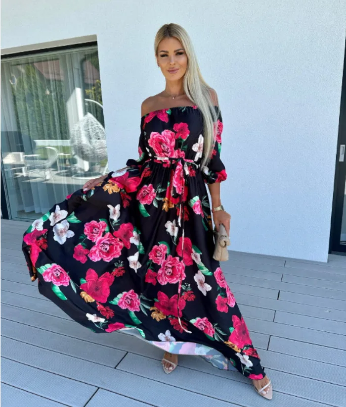 

Print Women Dress Slash Neck Floral Boho 3/4 Sleeves Long A-line Female Dresses 2023 Summer Elegant Fashion Lady Robe Vestidos