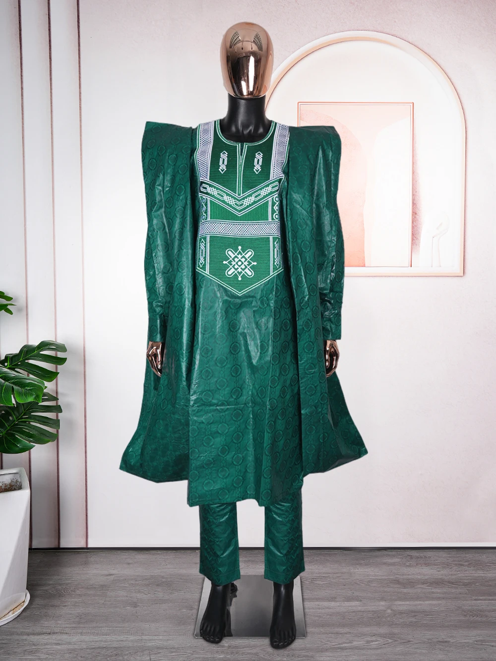H&D South African Traditional Wear Formal Attire Bazin Riche Dashiki Outfits Green Shirt Pants Robe Suit Agbada Ramadan