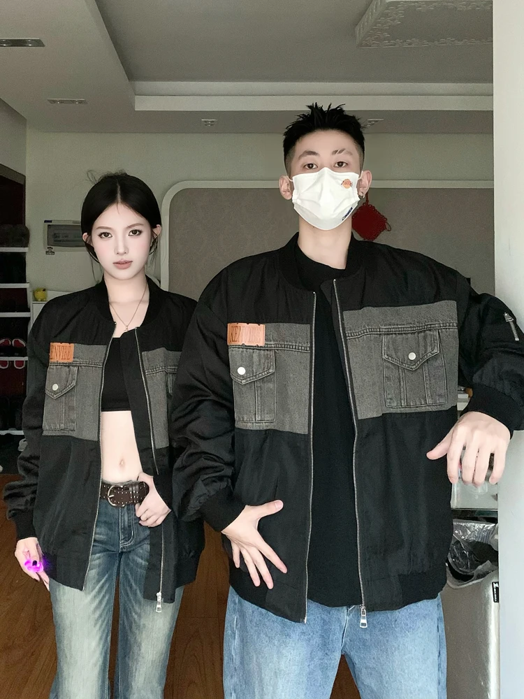 미국 스타일 루즈핏 야구 점퍼 남성용 봄 가을 데님 패치워크 젊은 커플 아우터 긴팔 지퍼
