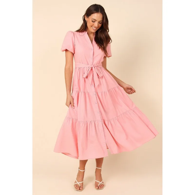 

2023 Summer Women's Lantern Sleeves Single breasted Cotton Short Sleeve Dress Long