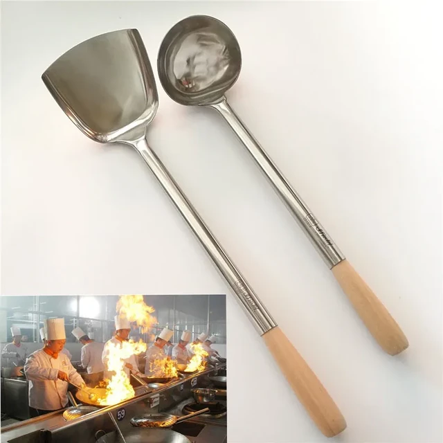 Grande lungo spatola pala chef di cucina cocina utensilios lama Utensili Da  Cucina Manico In Legno In Acciaio Inox Turner Cucchiaio Da Minestra wok -  AliExpress