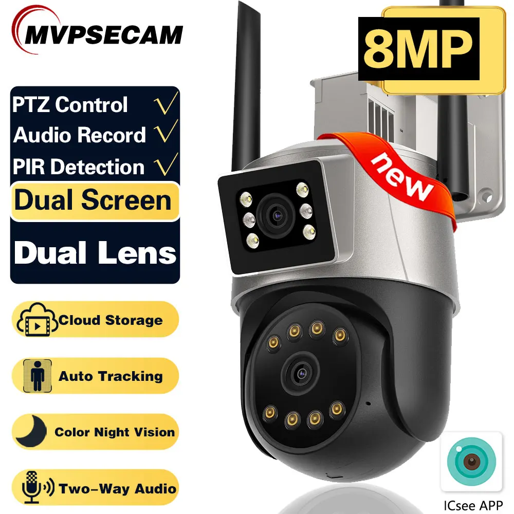 

PTZ-камера, 4K, 8 Мп, двойной экран, Wi-Fi, IP-камера, 4 МП, HD, камера видеонаблюдения, камера с автоматическим отслеживанием iCsee P2P