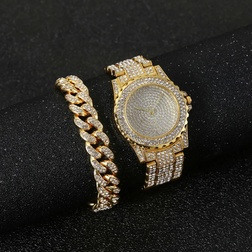 2PCS Watch Bracelet for Women Cubana Charms Bracelets Iced Out Watch for Women Fashion Luxury Gold Watch Set Jewelry Set Relojes