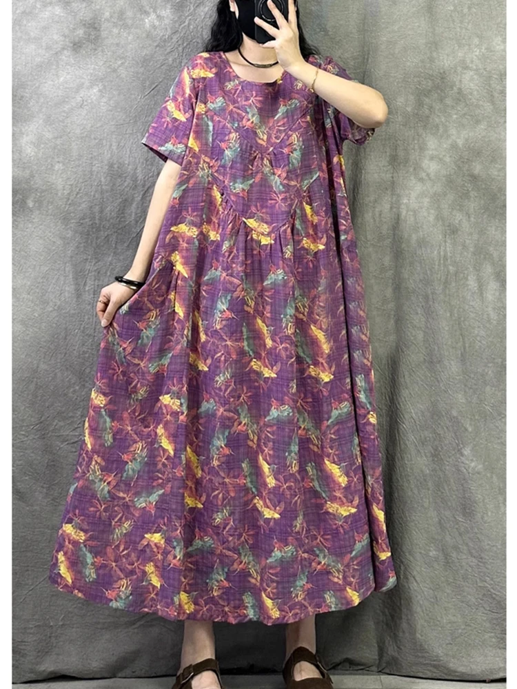 Summer Cotton Vintage Casual Loose Print Women Dresses Short Sleeve Blue Dress Femme Vestidos Office Lady Elegant Long Clothing