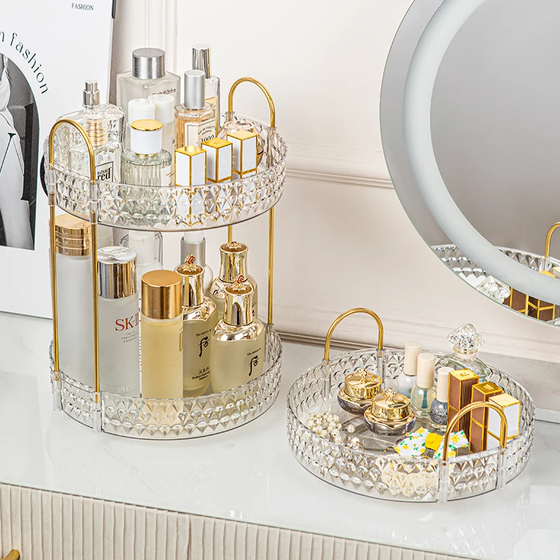 360° Rotating Cosmetic Organizer 3 Tier Transparent Diamond Pattern Cosmetic Rack Bathroom Cosmetic Vanity Organizer Countertop 3