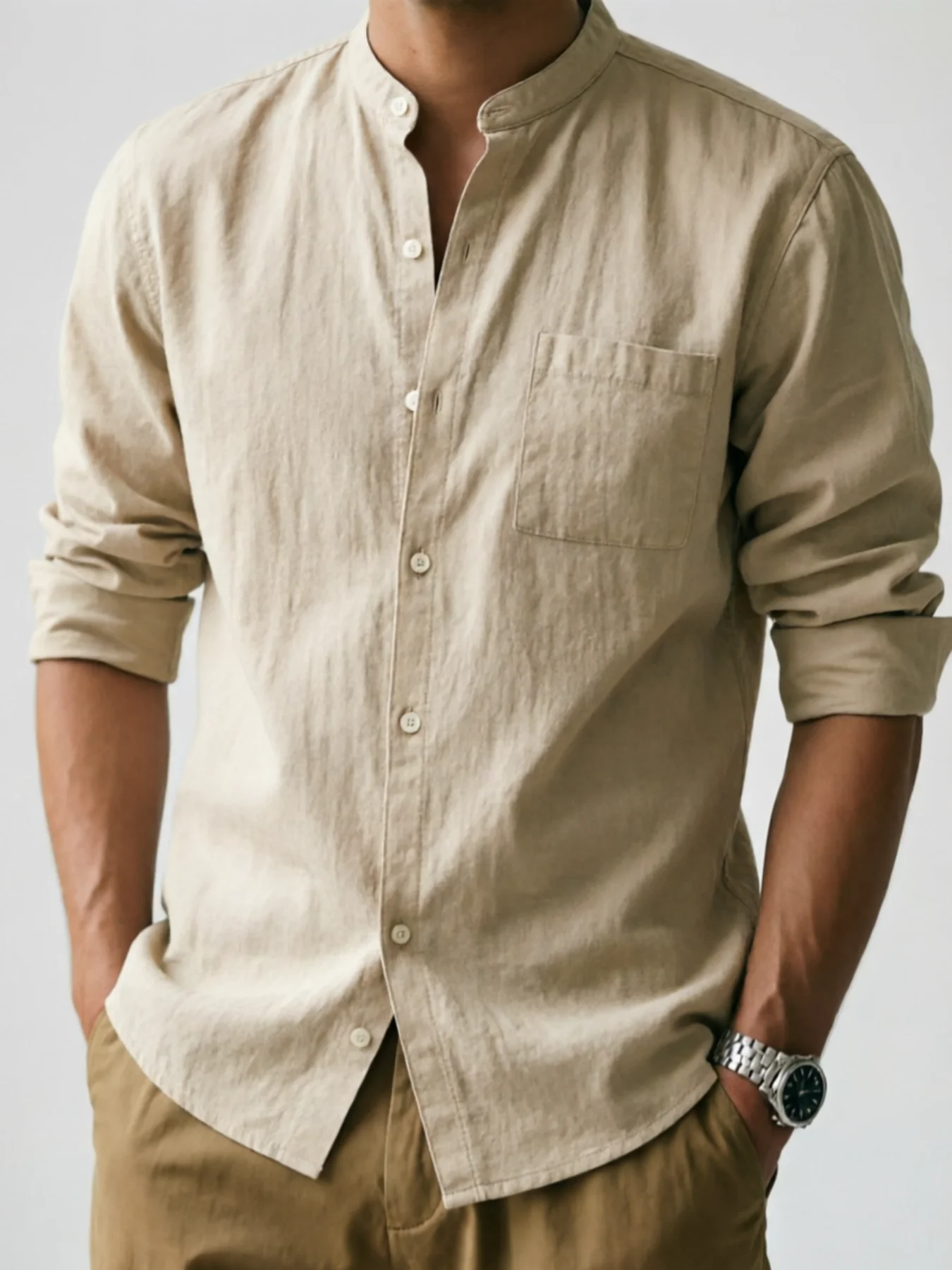 Minimalist Men's White Linen Button-Down Shirt, Stand Collar, Modern Office & Weekend Essential