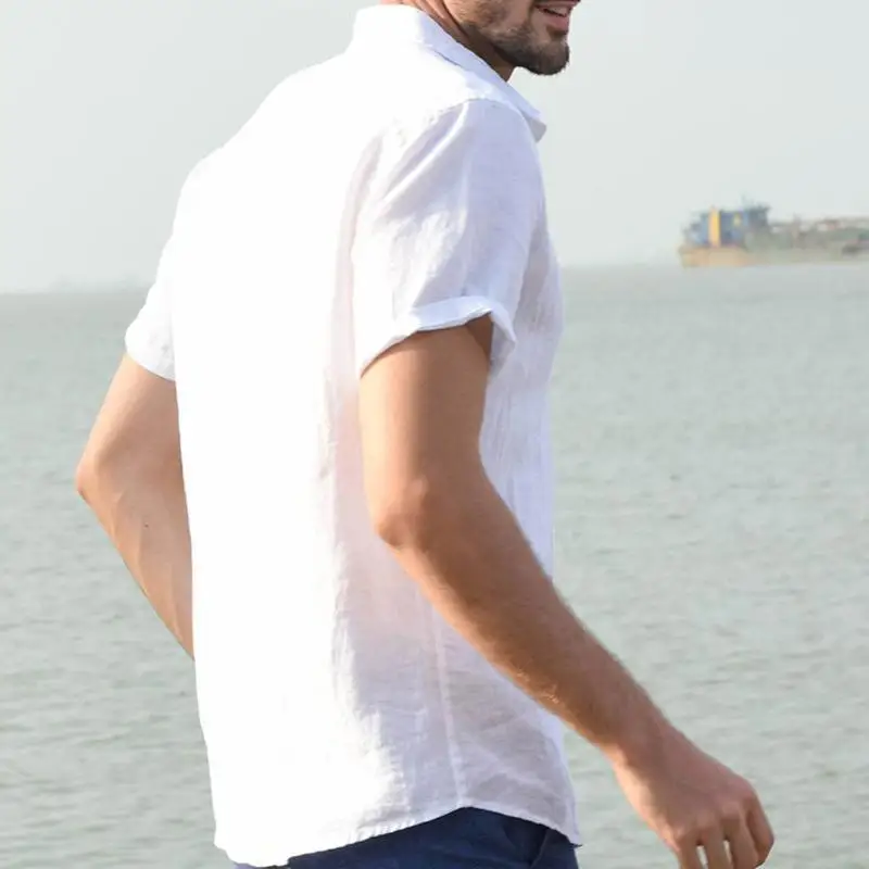 Summer Cotton Linen Shirts For Men Casual Short Sleeved Shirts Blouses Solid Turn-Down Collar Formal Beach Shirts Male Clothing 2