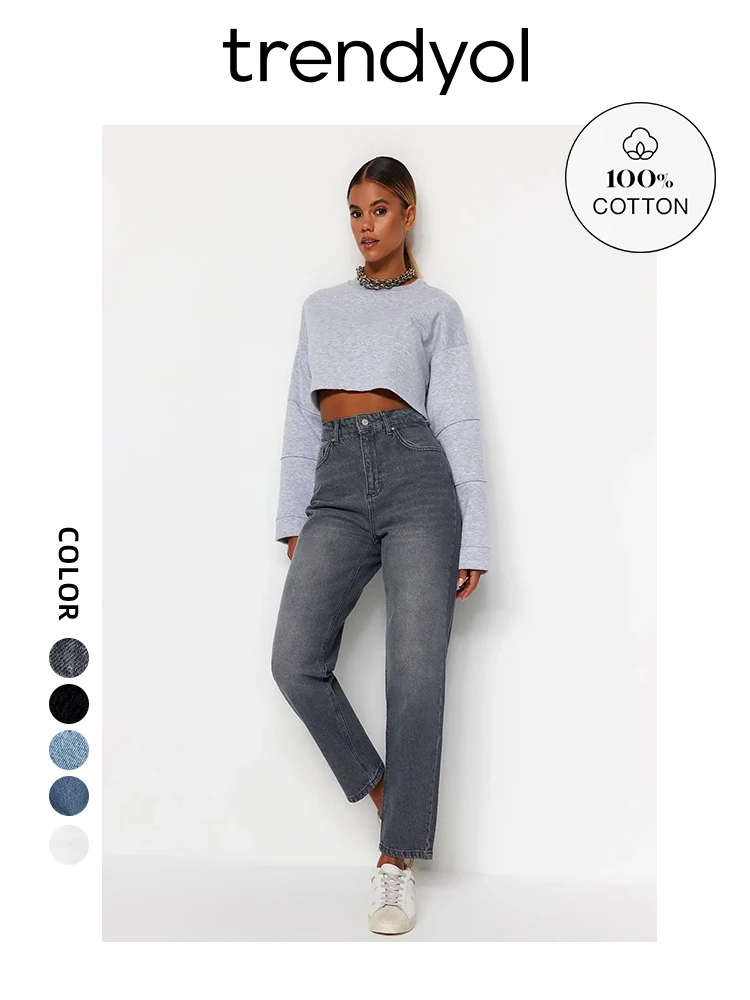 Trendyol TYZA Women's 100% Cotton High Waist Turnip Jeans New Spring Autumn Skinny Fit,Multicolor Pants Casual Trousers 5