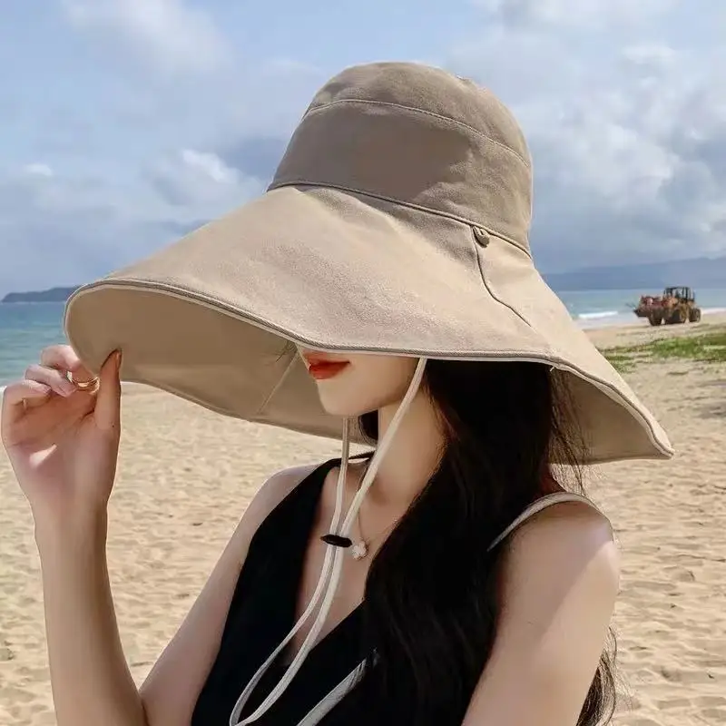 Women Sun Hat Wide Brim Anti-UV Protection Hiking Fisherman Cap Fold Summer Cotton Breathable Beach Bucekt Hat