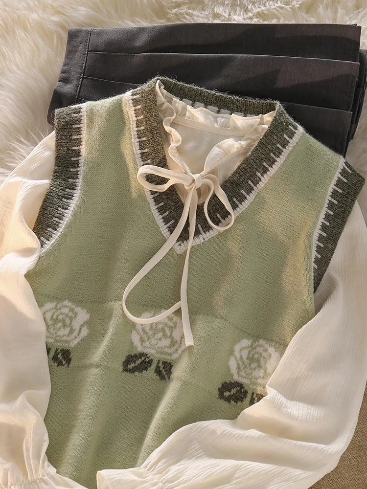 Jupe,Costume trois pi?�ces pour femmes, gilet tricot?� vert Matcha, chemise blanche, jupe pliss?�e 