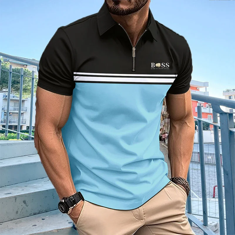 Description Picture 6 of itemHot selling men's summer short sleeved contrasting lapel zippered polo shirt, men's slim fit sports golf polo shirtpolyester top