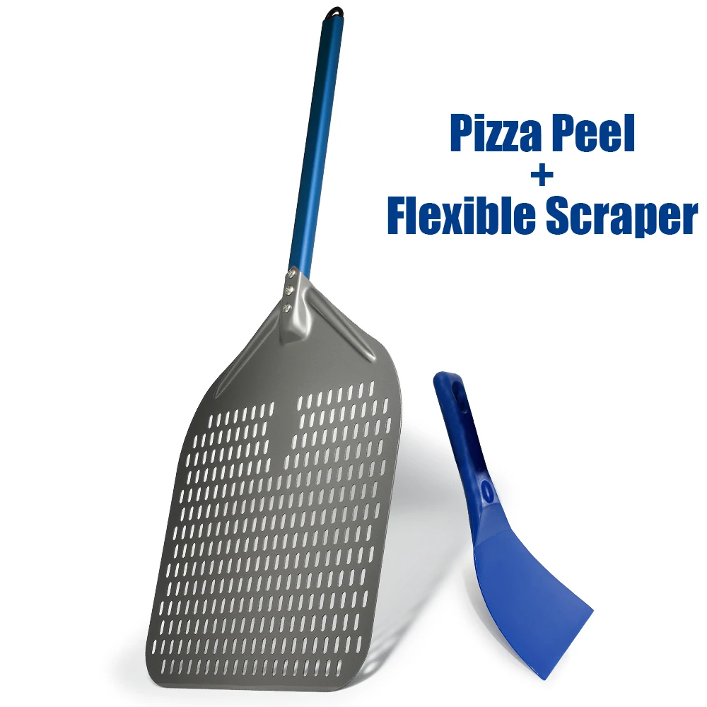 SHANGPEIXUAN 14/13/12 inch Pizza Peel with Flexible Scraper Set Blue Handle Spatulas Hard Anodized Pizza Shovel Tools