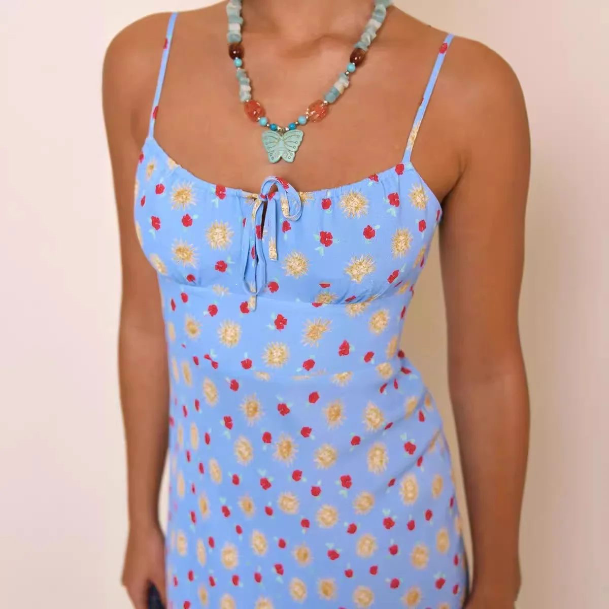 

Women Print Sling Dress Lace-up Collar Back Zipper 2024 Summer New Vintage Strapless Long Robe
