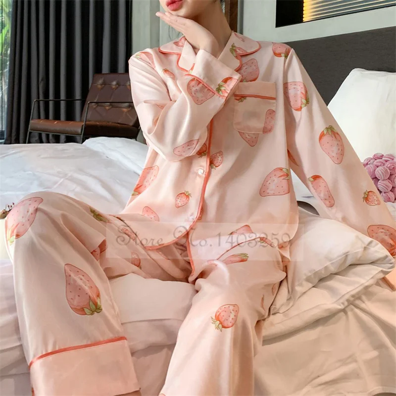 

Женская пижама с розовым принтом, свободная шелковая атласная рубашка и брюки, домашняя одежда, комплект из 2 предметов, весна-осень