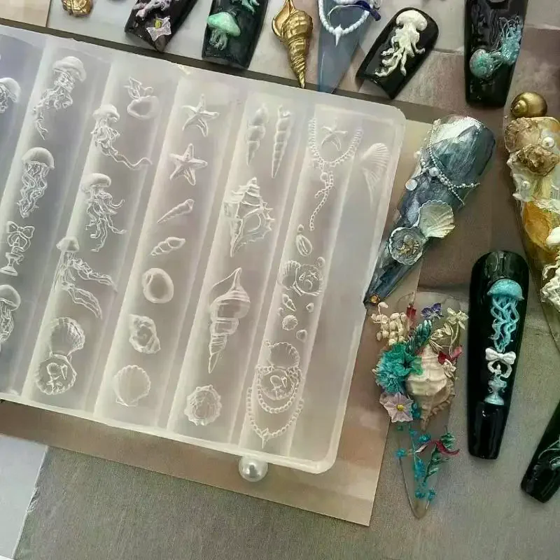 1pc Ocean Series 3D Silicone Nail Mold Jellyfish Starfish Carving Templates, DIY Manicure Design Tool for UV Gel Nail Art Decor