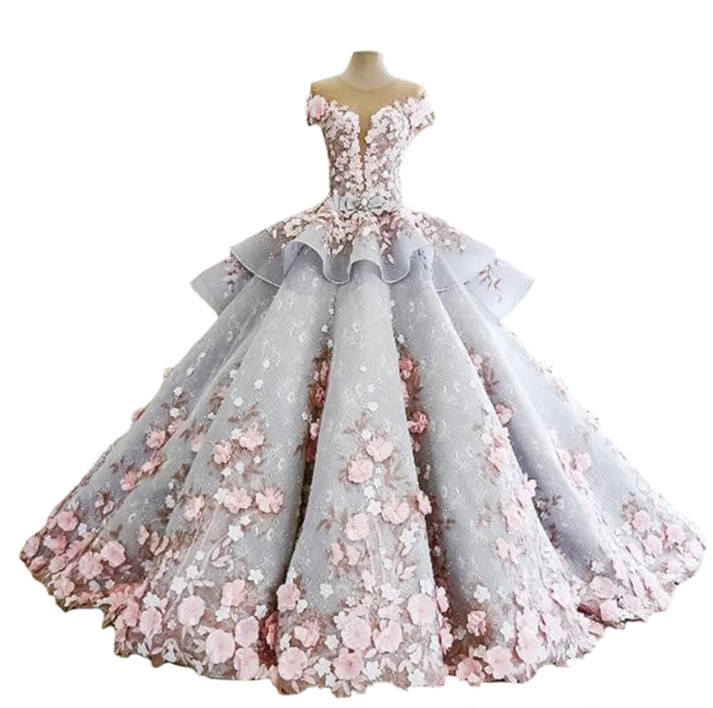 

2022 Dusty Blue Quinceanera Dresses Vintage Ball Gown O-neck Cap Sleeves 15 Party 3D Flower Cinderella 16 Princess Gowns