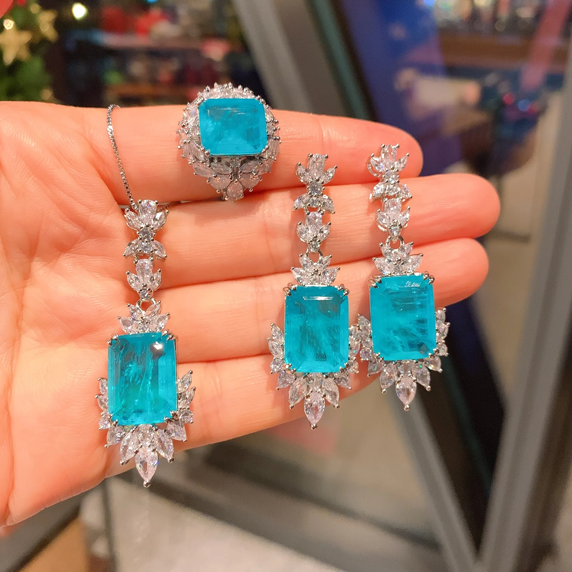 European and American style simulation Paraiba ring necklace stud jewelry set creative full diamond luxury setting master 12*16