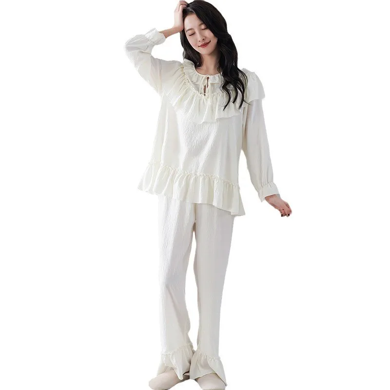 Spring New Cloud Cotton Pajamas Long Sleeve Pants Two-piece Set Palace Style Costume Lotus Leaf Edge Home Fury Clothes for Women