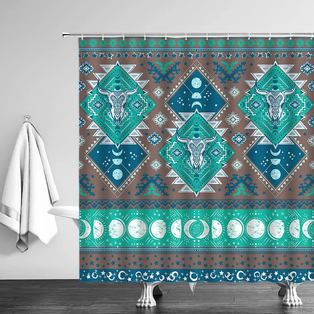 

Boho shower curtain retro tribal aztec nava skull abstract geometric Pattern Bath Curtains Waterproof Bathroom with Hooks Decor