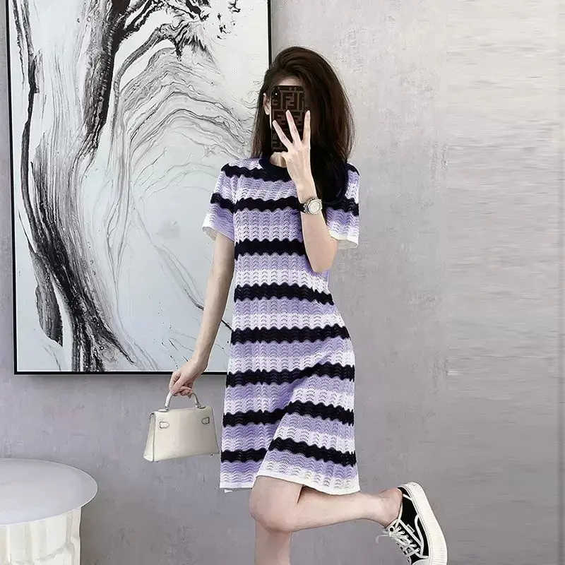 

Vintage Contrasting Colors Spliced Knitted Midi Dress Summer New Short Sleeve A-Line Female Clothing Fashion Hollow Out Dresses