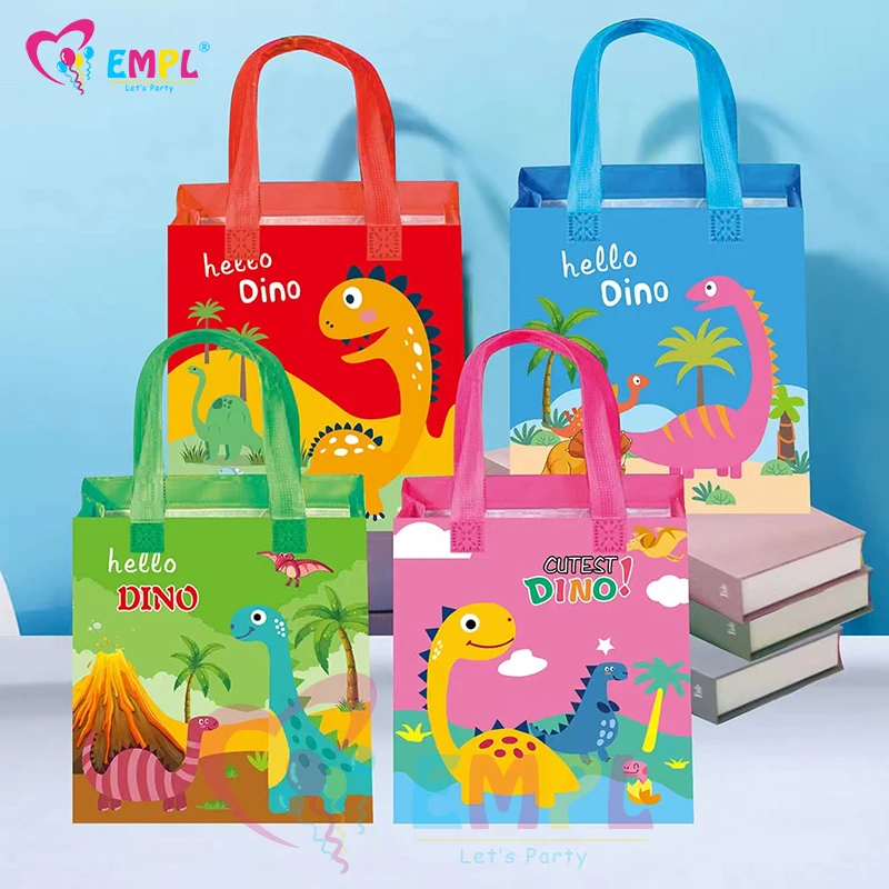 

4pcs Cartoon Dinosaur Non-Woven Tote Bags Dino Reusable Grocery Bags Baby Shower Kid Birthday Party Decorations Snacks Gift Bags