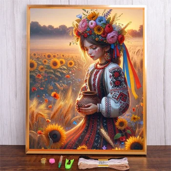 Couture 40x50cm, point de croix imprimé fille tournesol, ensembles pour Kit de broderie, fils de coton complets, artisanat 1