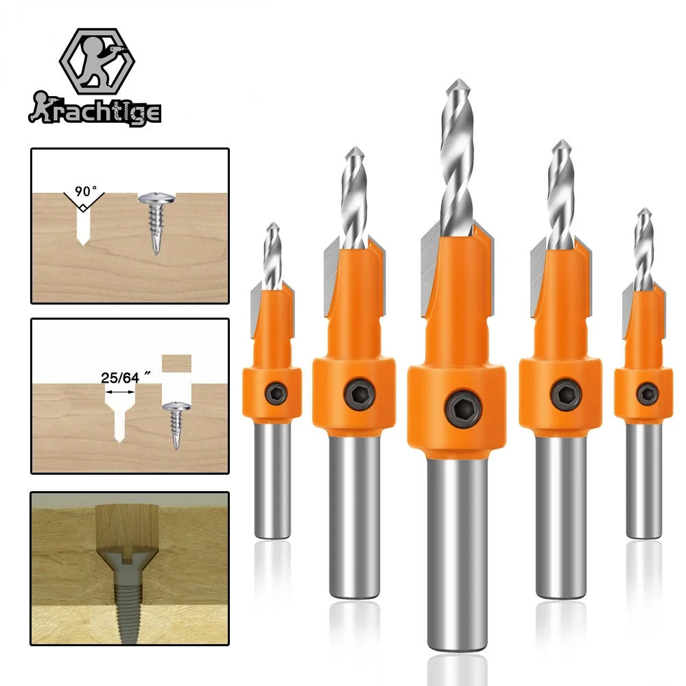 5Pcs Woodworking Counterbore Drills Cone Drill Alloy Head Self Tapping Screw Installation Ladder Drill Tools 8mm / 10mm Shank