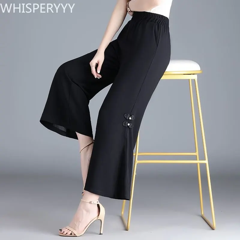 

New Chiffon Wide Leg Pants Female Summer Thin Loose Casual Straight Nine-point Pants High Waist Fashion Women Elegant Trousers