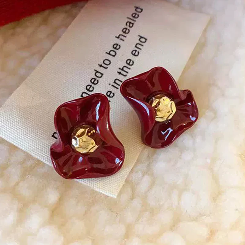 Einzigartige lockige Kante Blume Tropfen Ohrringe für Frauen Silber Farbe Weinrot Emaille Öl Persönlichkeit Baumeln Ohrringe Party Schmuck